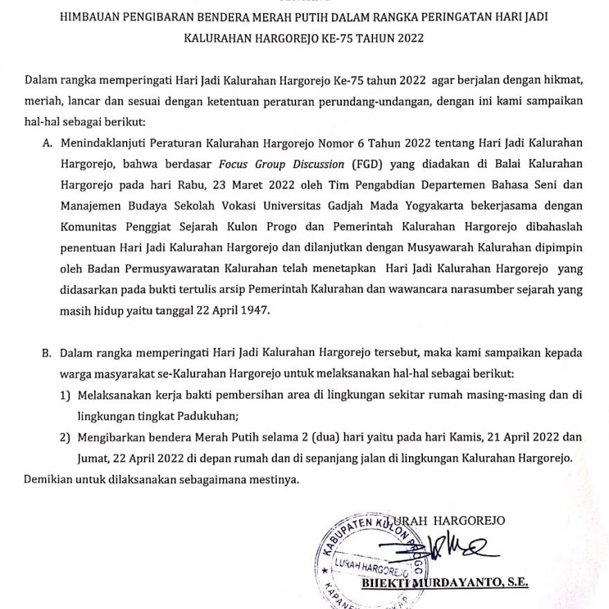 Himbauan Kerja Bakti Dan Pengibaran Bendera Merah Putih Sambut Hari Jadi Kalurahan Hargorejo Ke-75